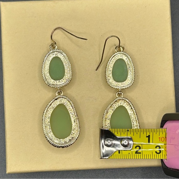 Gold Tone & Green Stone Double Drop Earrings - Picture 9 of 9
